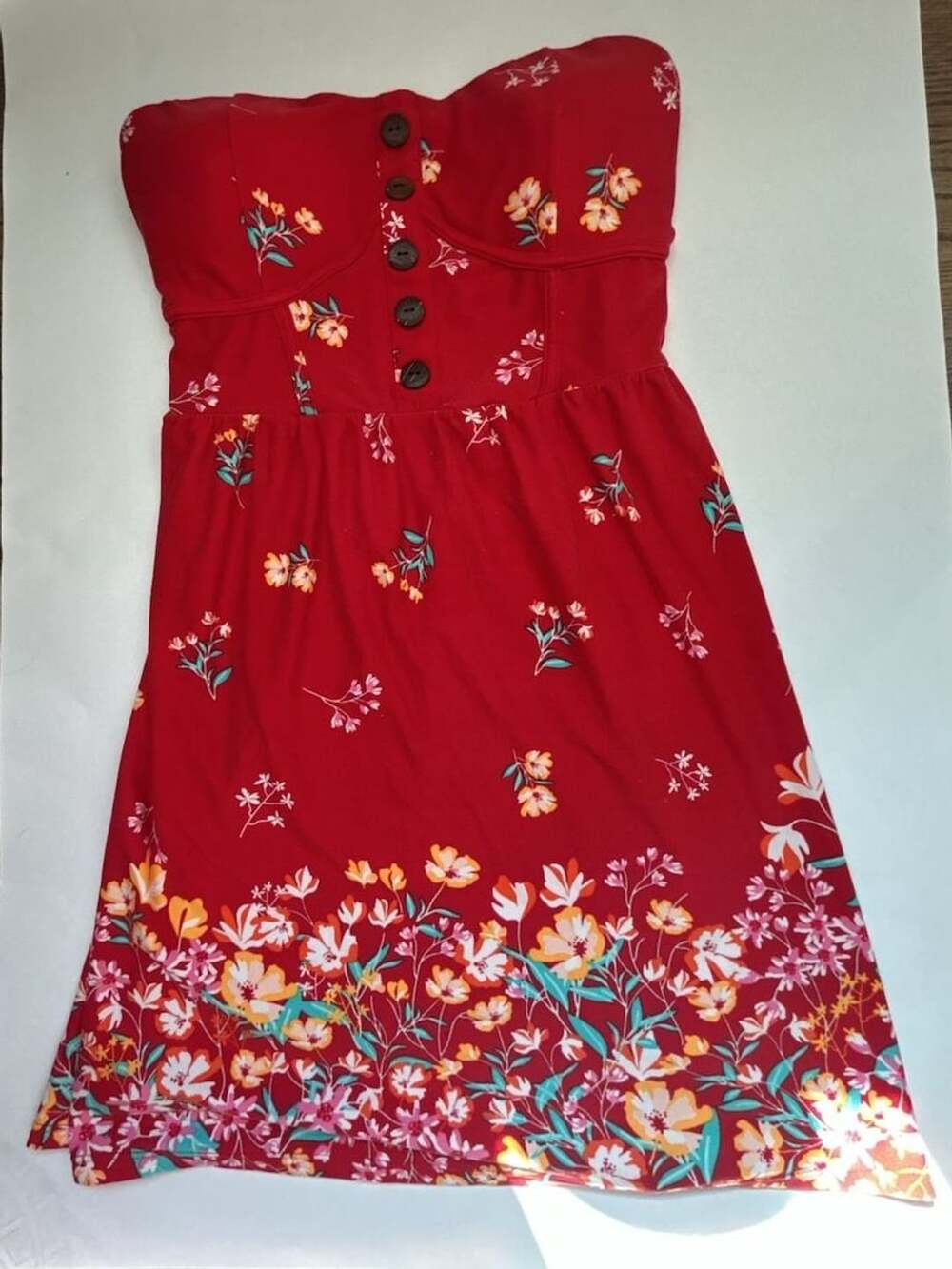 No Boundaries Strapless Button Front Dress Size M (7-9) Red Floral